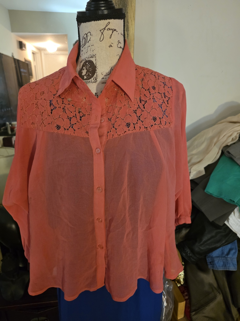 Lace Yoke Button-Front Blouse in Coral